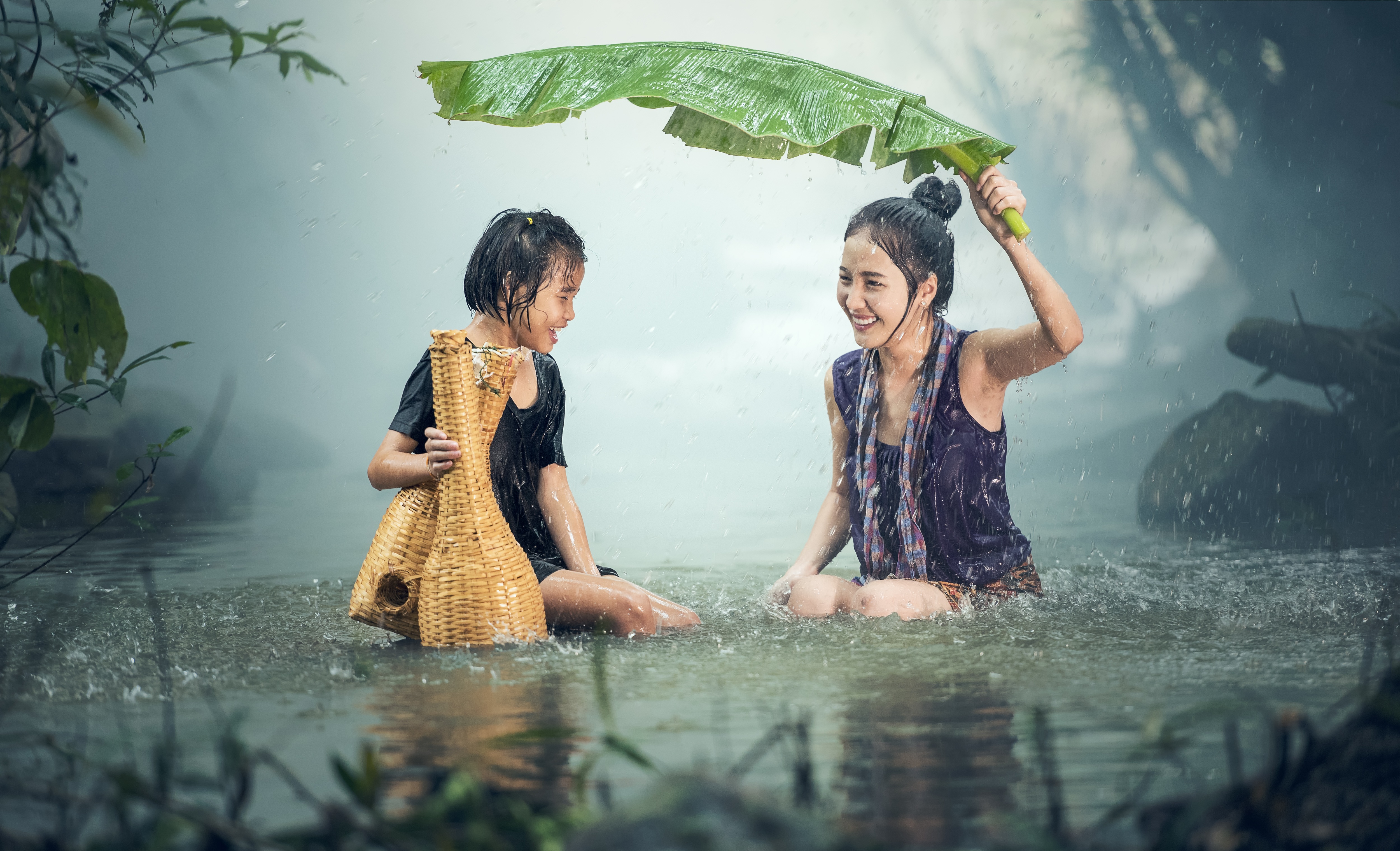 Free download high resolution image - free image free photo free stock image public domain picture -Two girls hiding from the rain under a large leaf plants